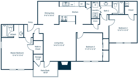 Three bedroom two bathroom floorplan at Madison Southpark Apartment Homes, Charlotte, NC